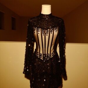 Black Long Sleeve Embellished Corset Mini Dress